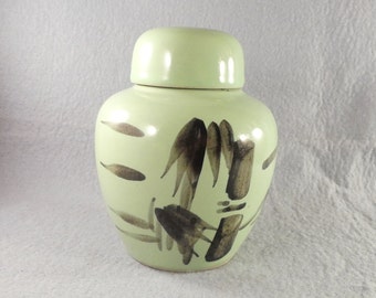 Ginger jar vintage porcelain vase urn with lid pale green with hand painted black bamboo leaves traditional oriental decor spice container