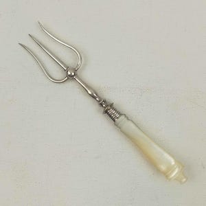 Antique Cold Meat or Bread Serving Fork Real Carved Mother of Pearl handle Vintage Art Nouveau Fancy Collectable Dinner Flatware Silverware
