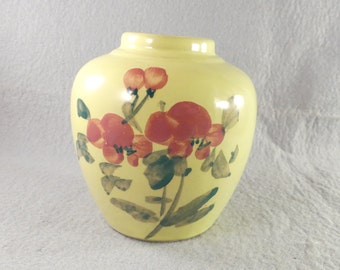 Ginger jar vintage ceramic vase urn yellow pale green hand painted pink flowers blooms leaves traditional oriental decor spice container