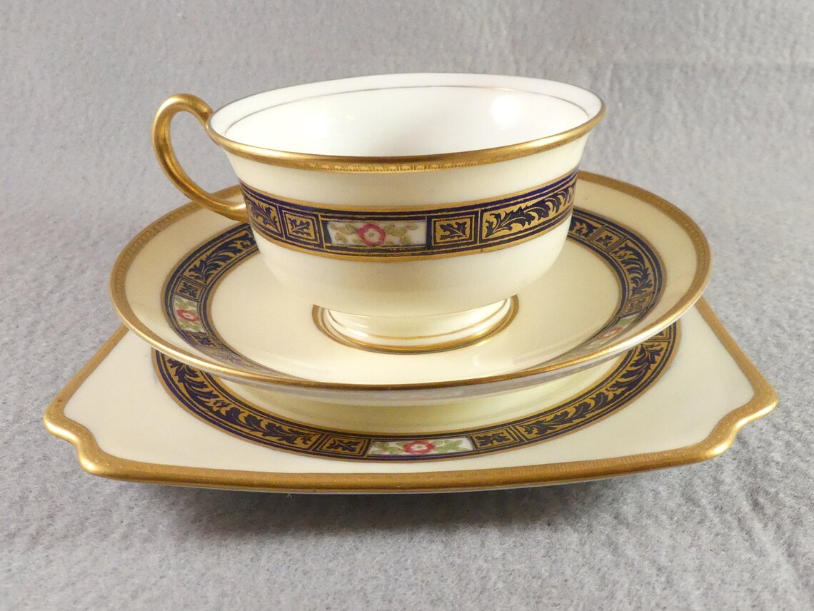 Royal Doulton 1920s Tea Set Trio Art Deco H1766 Cobalt Blue Cream Gold