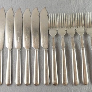 Vintage fish knives and forks fish service matching set silver plated metal handle Alpha Plate dinner cutlery silverware flatware fork knife