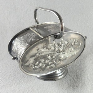 Antique scarce sugar scuttle box with opening hinged lid silver plated victorian ornate flowers engraving made in England vintage silverware
