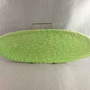 Antique vintage majolica artichoke cabbage leaf tray oval dish plate handles vegetables platter green Shorter and Son Stoke-On-Trent England