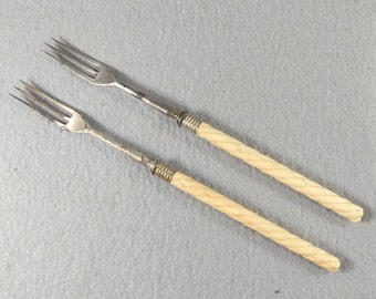 Antique Pickle Forks Pair Set of 2 Carved Twisted Real Bone Handles Traditional Silverware Tableware Cutlery Flatware Vintage