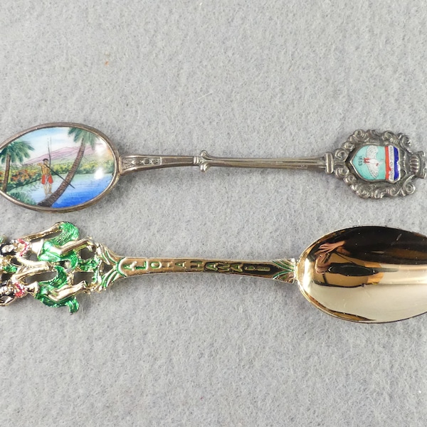 Vintage souvenir spoons set Aloha Hawaii New Caledonia Nouvelle-Caledonie 1853 pacific Islands collectable memorabilia gilded silver enamel