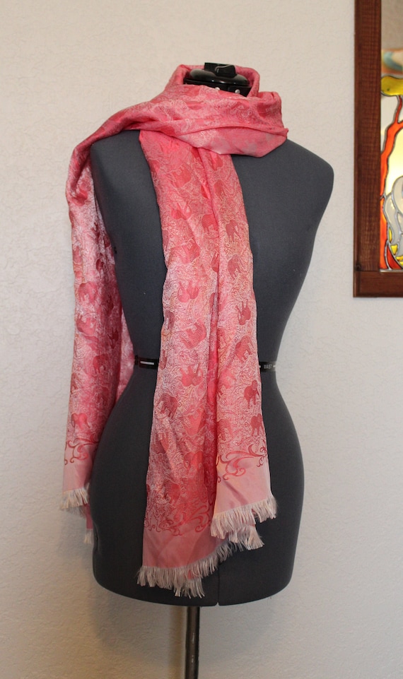 Pink Elephant Silk Wrap Scarf with Fringe