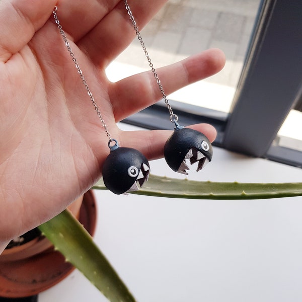 Mario Chain Chomp Earrings, 3D Printed, Handmade, Hand Painted, Silver Plated Hypoallergenic