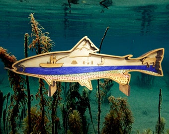 May include: A wooden cutout of a trout with a blue, green, and yellow design. The trout is swimming through a blue and green underwater scene.