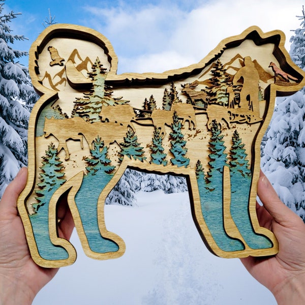 Digital File - 6 Layer Sled Dog - Art Piece formatted for Glowforge or Equivalent Cutter/Engraver - SVG & PDF Format - Multi-layer