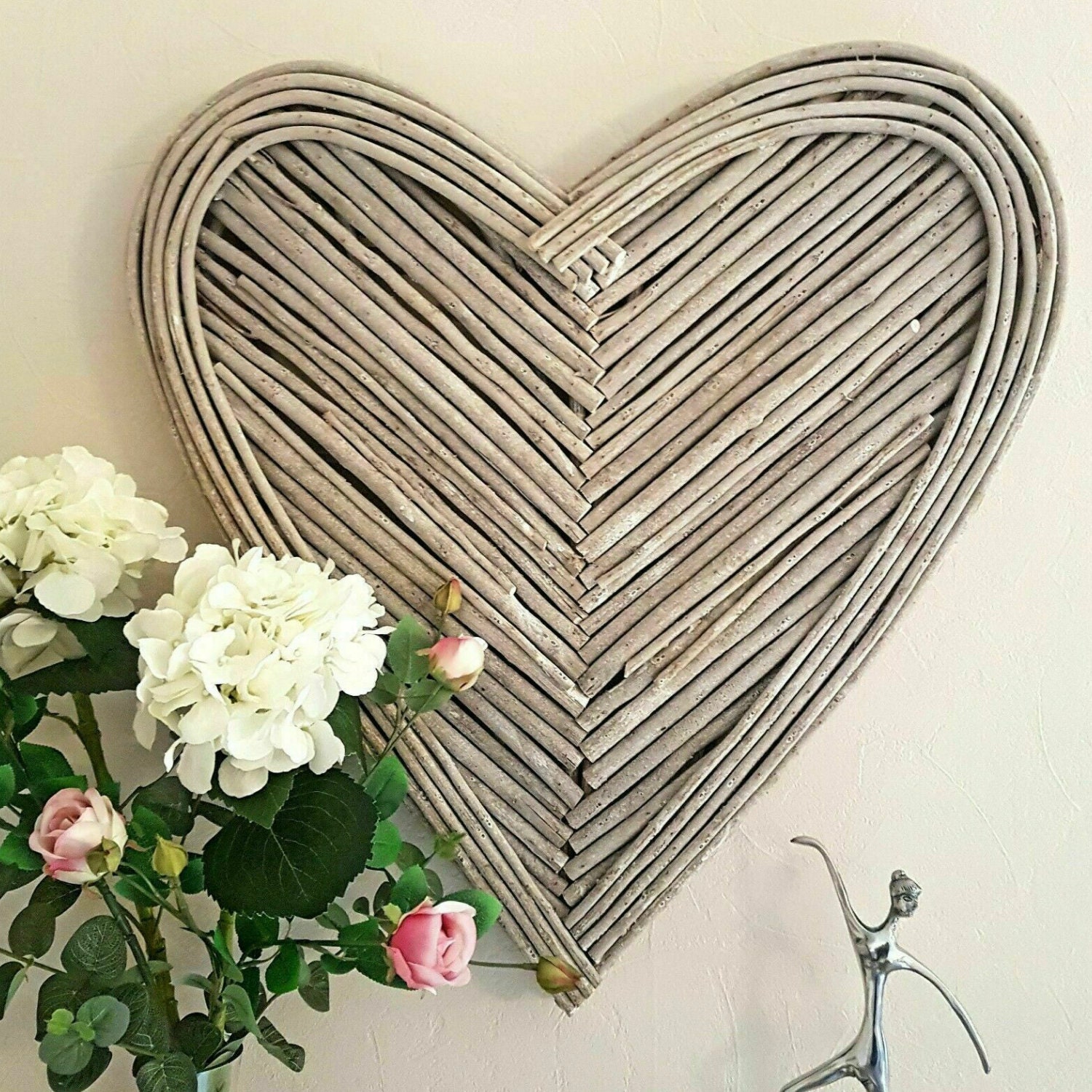 Large 70cm Washed Grey Brown Wicker Heart Hanging Rustic Etsy