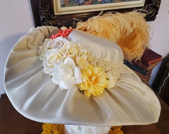 Silk Covered White Summer Edwardian Hat Flowers Feathers