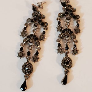 Vintage Victorian Style Silver Tone with Rhinestones and Black Glass for Pierced Ears image 1