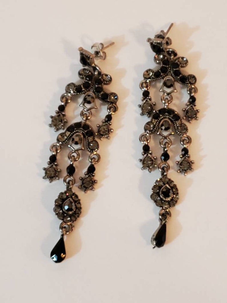 Vintage Victorian Style Silver Tone with Rhinestones and Black Glass for Pierced Ears image 1