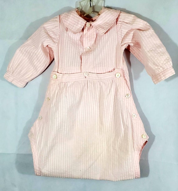 Vintage 1940s 1950s Baby Romper Girls Pink Seersu… - image 3