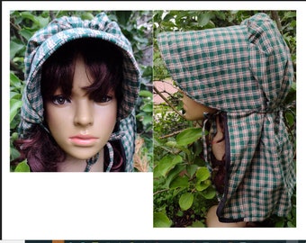 Adult 100 % Green Checked Cotton Gingham Women's Long Necked Authentic Victorian Period Correct Sun Bonnet