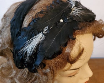 Vintage 1950s Facinator with Curled Black Feathers White Feathers and Rhinestones