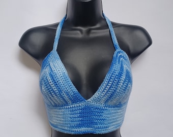 Handmade blue crochet halterneck bralette crop top bra festival summer boho