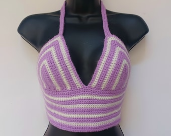 Bralette de cuello halter de ganchillo hecho a mano lila y crema raya crop top bra festival boho