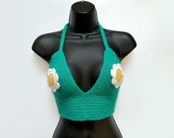 Handmade halter neck daisy bralette crop top with crochet daisies summer festival  knitted