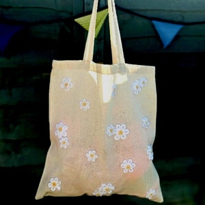 Cotton tote bag with handmade crochet daisies gift present mothers day summer  shopping
