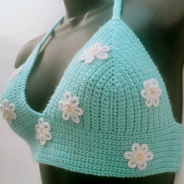 Handmade crochet halter neck daisy bralette crop top bra top daisies festival boho cute summer bright