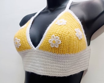 Handmade crochet halter neck bralette with individually crocheted daisies flowers crop top summer festival
