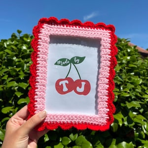 5 x 7 inch handmade crocheted  frill edge photo frame Pink and Red picture frame wall art dopamine decor maximalist gift present knitted