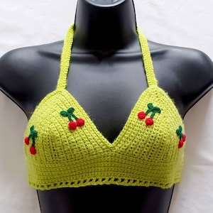 Handmade crochet lime bralette bra with individually crocheted cherries festival cherry crop top