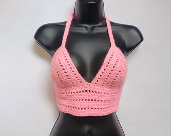 Soutien-gorge brassière rose dos nu au crochet fait main festival d'été