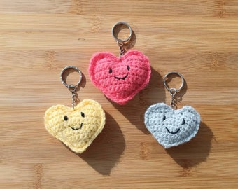 Handmade crochet happy heart keyring keychain smiley face bag charm bookbag gift mothers day gift different colours