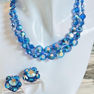 BLUE CRYSTAL Necklace & Clip Earrings Set | Double Strand w/ Aurora Borealis AB Coating | Vintage Jewelry 50s 60s Retro Mid Century