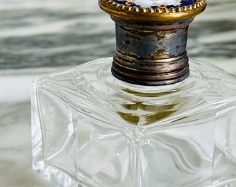 Antique French Perfume Bottle or Ink Well: Guilloche Enamel, Art Deco Collectible from the 1920s