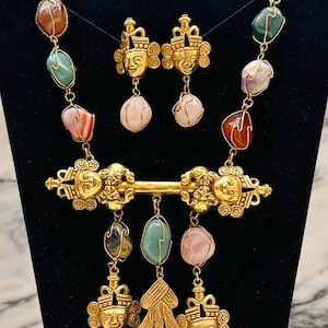 Larry Vrba Tribal Set, Vintage Aztec Mayan Necklace and Earrings, Miriam Haskell Designer