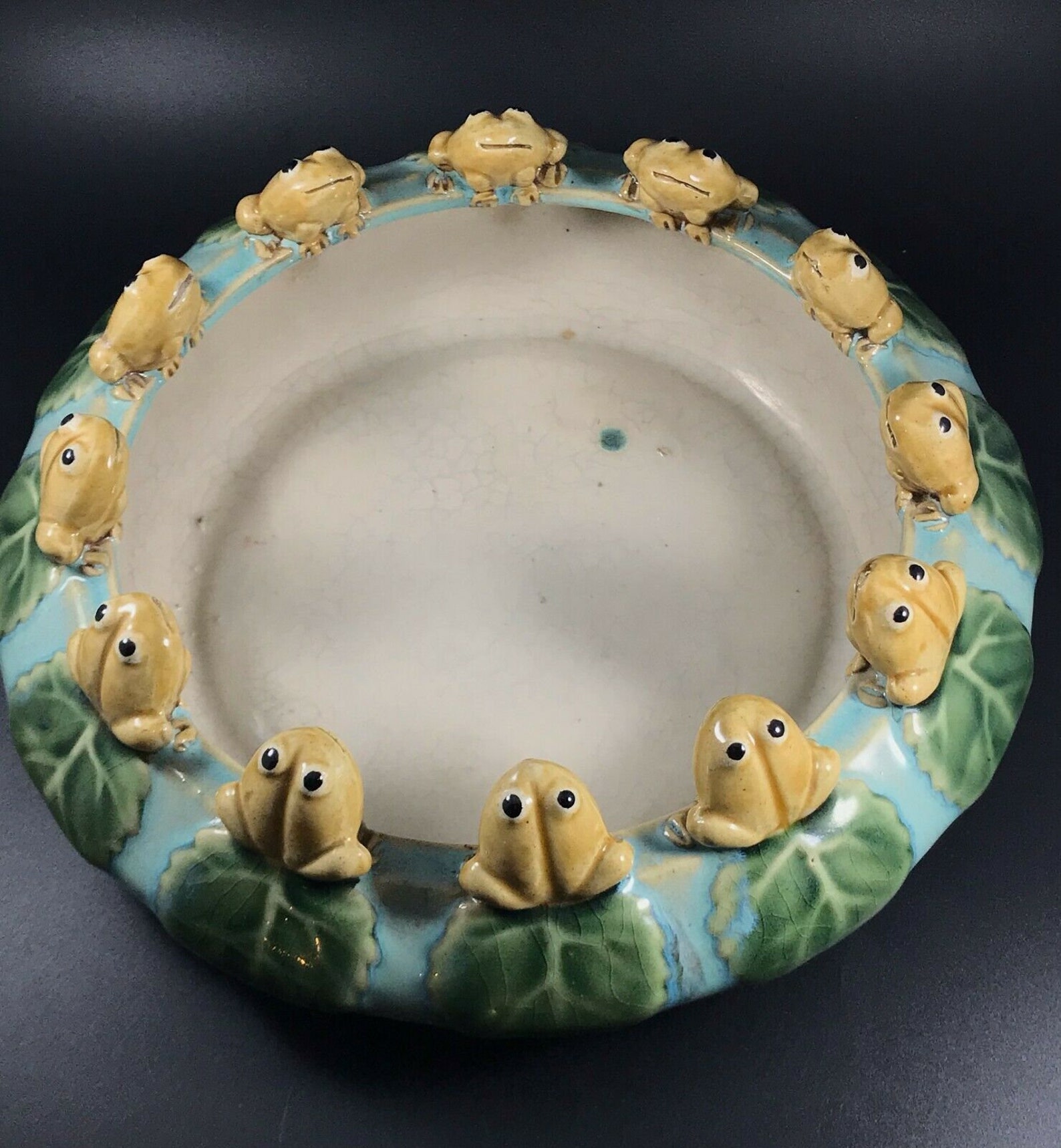 Vintage Majolica Frog Lily Pad Pond Bowl Art Pottery Etsy