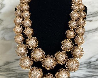 Vintage French Necklace: Sculptural Gilt Metal Loopwork, Architectural Double Strand, Hollywood Statement 1950s