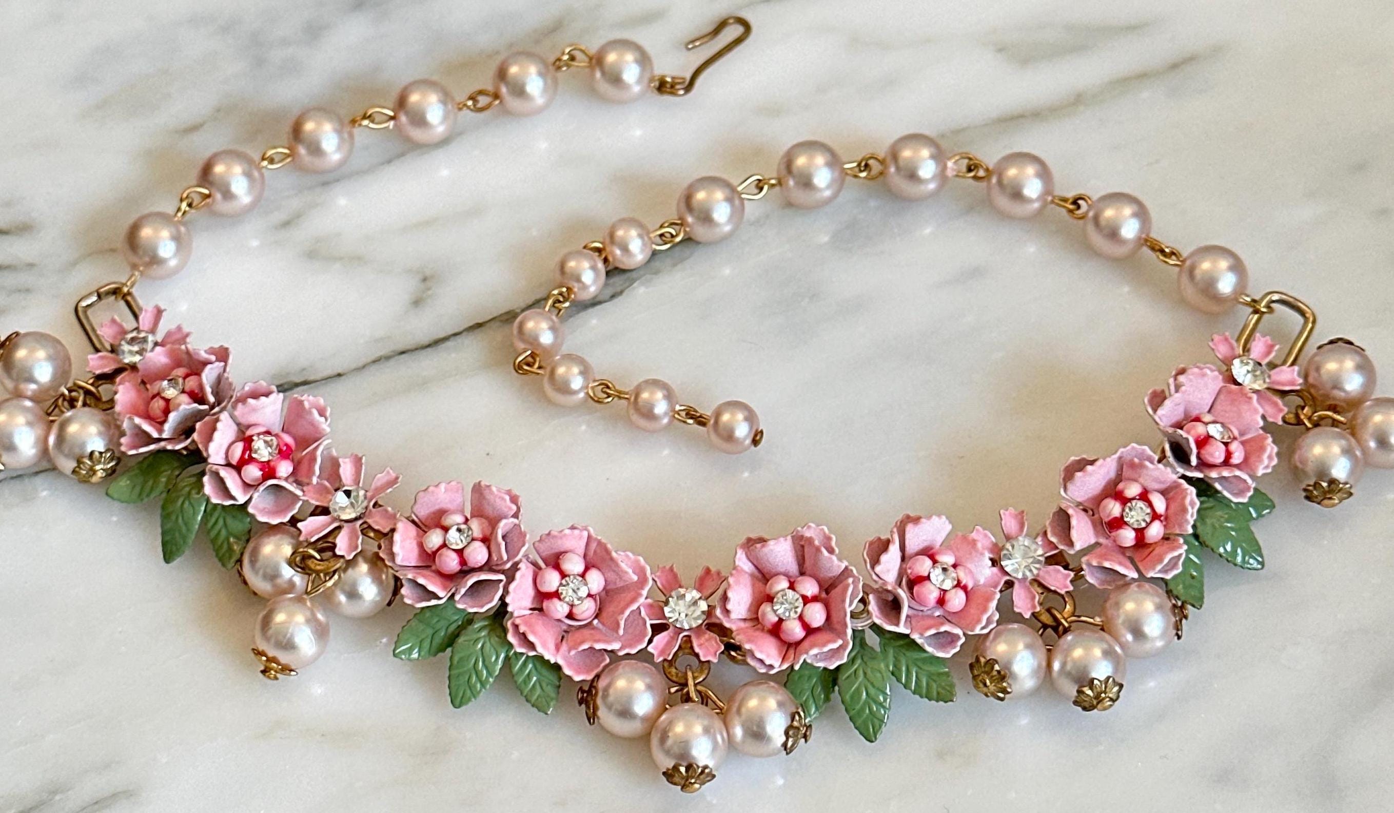 VINTAGE 50s Pink Flower Necklace | Rhinestone & Faux Pearl