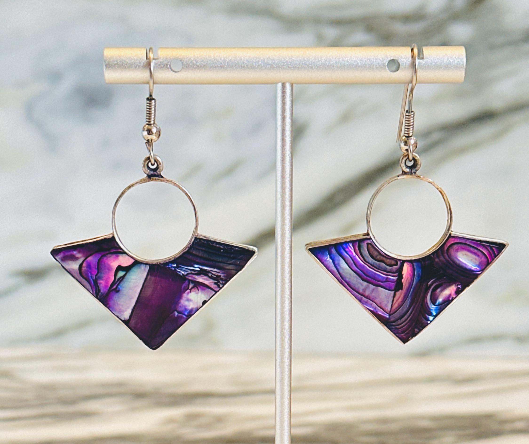 Vintage Alpaca Mexico Earrings: Purple Abalone Shell Boho Jewelry 