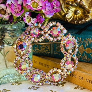VINTAGE PINK WREATH Brooch | Round Aurora Borealis Rhinestone | MidCentury Retro Jewelry
