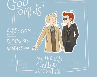 May include: A sticker featuring two cartoon characters holding hands. The characters are a man with blonde hair and a man with red hair. The sticker is 5 cm wide and has the text "GOOD OMENS" and "STICKER CODE: GO9" on it.