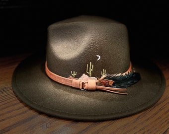 Hand embroidered Olive color cactus fedora
