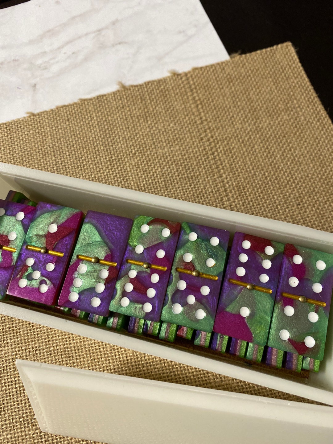 Standard Dominoes With Brass SPINNERS wine on the Vine in a White Resin
