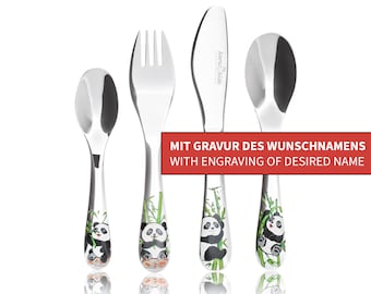 Koru Kids-Kinderbesteck Panda mit Gravur Namensgravur – 4-teiliges Set – aus rostfreiem Edelstahl - spülmaschinengeeignet