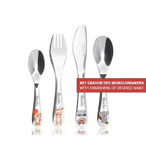 Koru Kids children's cutlery Wildlife with engraving Name engraving – 4-piece set – made of stainless steel - dishwasher safe