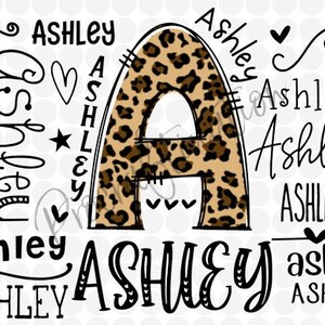 Op de afbeelding: Een zwart-wit grafisch ontwerp met de letter A in een luipaardprint. De letter A is omringd door de naam Ashley, geschreven in verschillende lettertypen en formaten.