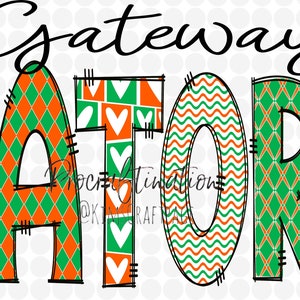 以下が含まれることがあります： 緑とオレンジのパターンで「Gateway Gators」と綴られた文字です。