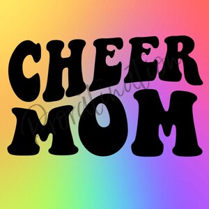 May include: Black and white graphic design with the text "CHEER MOM" in a retro font style.