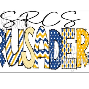 Może przedstawiać: Baner w żółto-niebiesko-białe wzory z tekstem "SRCS CRUSADERS".