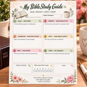 Editable Bible Study Guide, Scripture Reflection Worksheet, Prayer Journal (PDF & Canva)