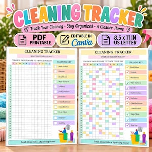 Cleaning Schedule Tracker Printable, US Letter PDF With 12-Month Grid and Color-Coded Chore Checklist