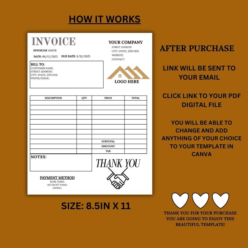 May include: A white invoice template with black text, featuring sections for customer details, item descriptions, and payment information. The template includes the text "Invoice", "Thank You", and "Size: 8.5in x 11". Instructions for use are also included.